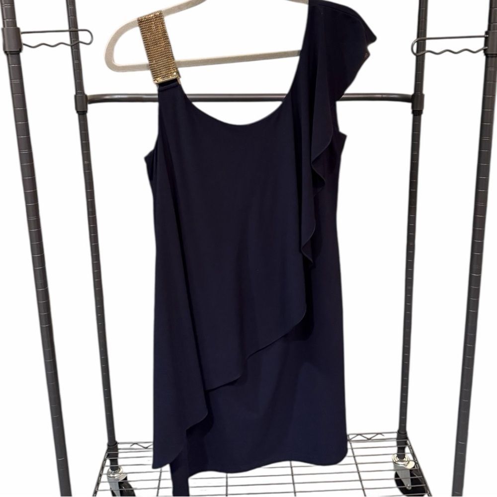 Betsy & Adam Midnight Blue One-Shoulder Dress with Gold Detail